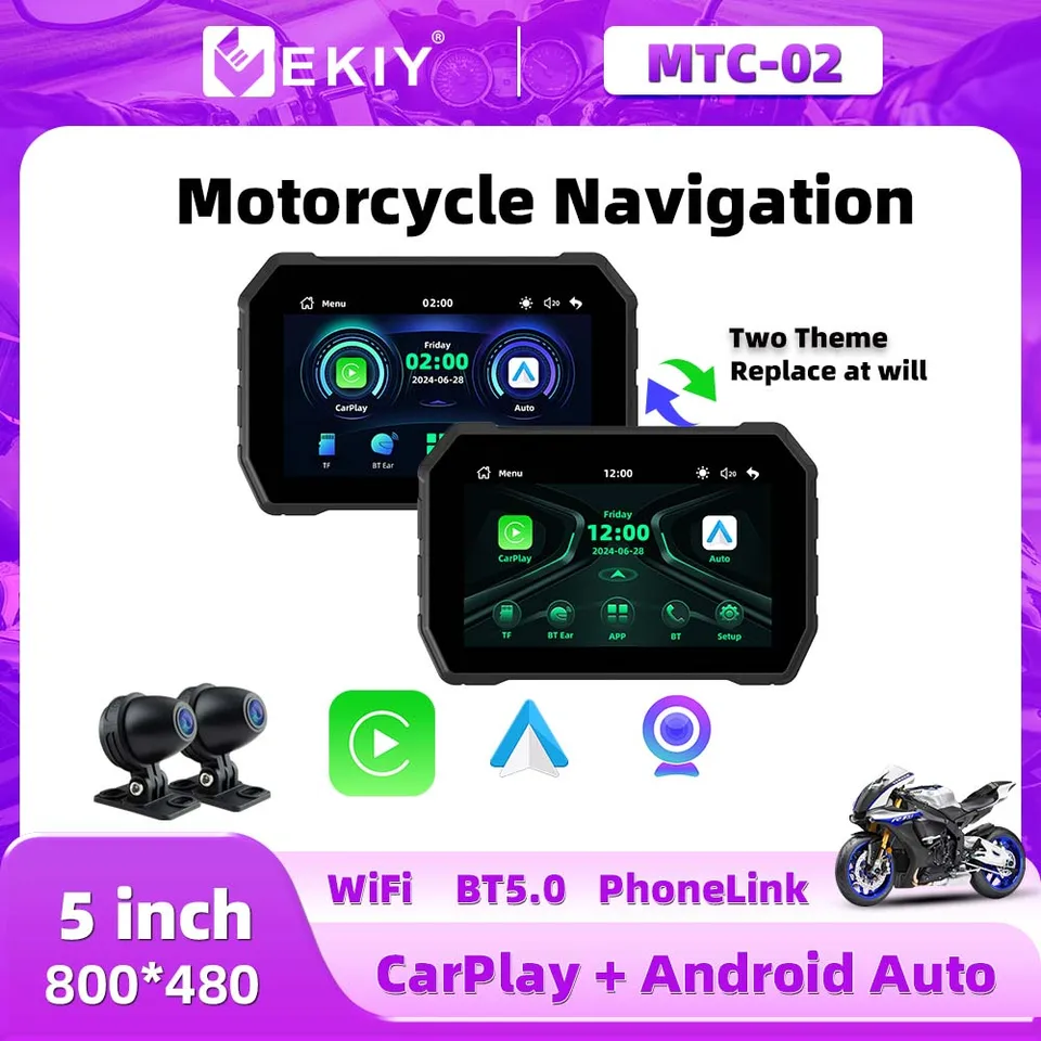 Ekiy 5 palcový prenosný prenosný motocykel Displej vodotesného monitora Bluetooth pre bezdrôtové CarPlay Android Auto Auto Dual Recorder Navigácia