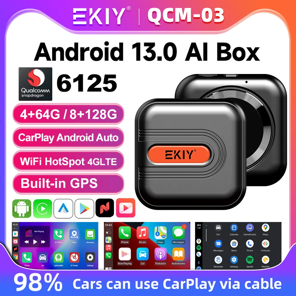 EKIY 8G+128G Android 13 CarPlay TV AI Box QCM6125 8-Core bezdrôtový CarPlay Android Auto adaptér postavený GPS pre YouTube pre Netflix