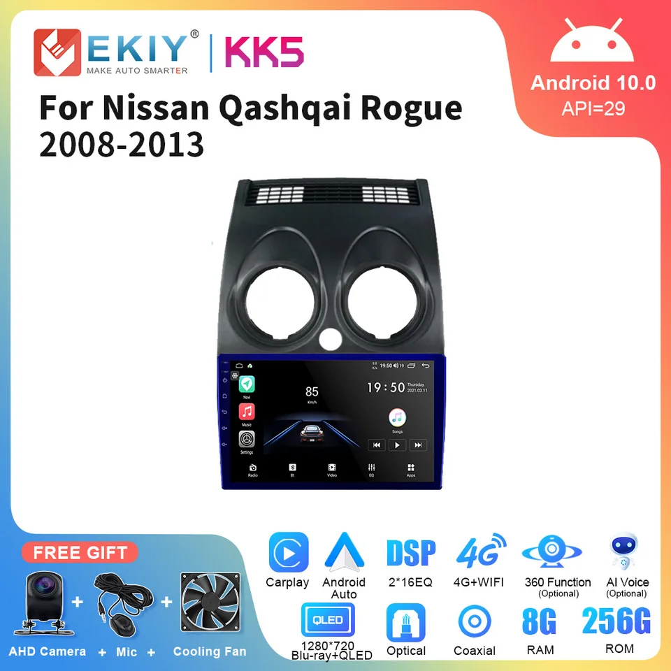 EKIY KK5 AUTO RÁDIO RÁDIO Android Auto CarPlay pre Nissan Qashqai Rogue 2008-2013 Car Radio Multimedia Player Navigation GPS 2 DIN