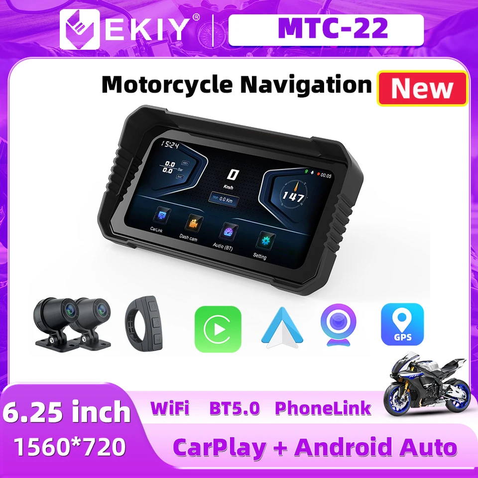 Ekiy Motor Accessories 6,25 palca bezdrôtové CarPlay & Android Auto Motorbikes navigačná displej obrazovky prenosné 4K DVR s RC