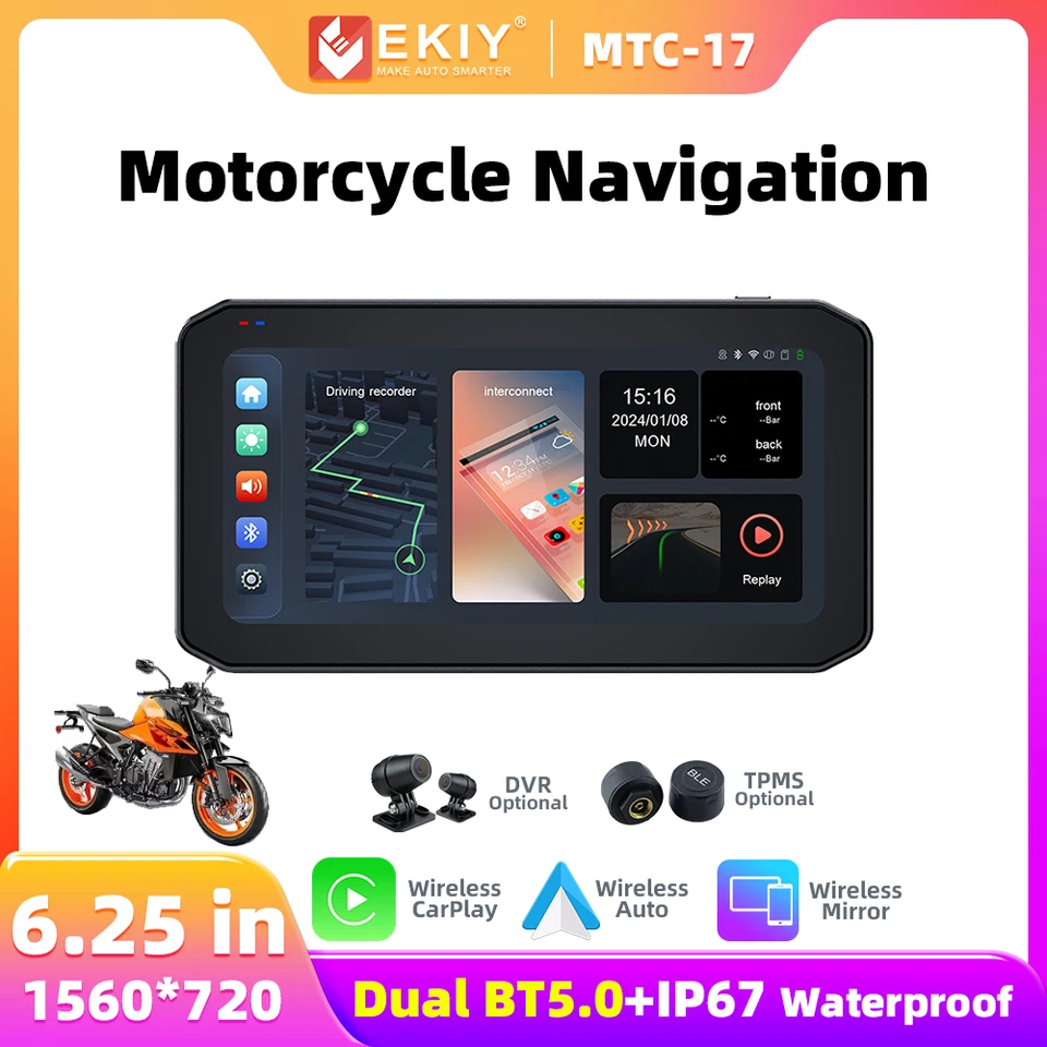 EKIY MTC17 6.25 Motocyklové navigačné bezdrôtové bezdrôtové zobrazenie CarPlay Display Screen Motocykel Wireless Android Auto Monitor TPMS DVR DVR DUAL BT