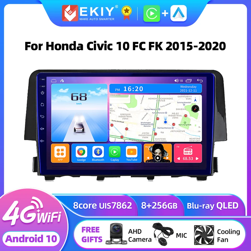 Ekiy T7 pre Honda Civic 10 FC FK 2015 - 2020 Car Aut Radio Multimedia Video Player Navigation GPS Android 10.0 Nie 2Din Tape Recordorder