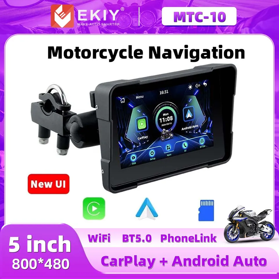 Ekiy Waterproof Wireless CarPlay pre motocykel 5 '' dotykovú obrazovku Android Auto zrkadlo Funkcia s ovládačom káblového GPS TMPS