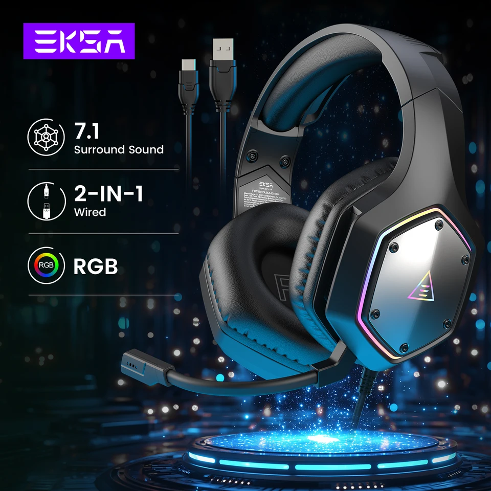 Eksa E1000 V2 RGB káblové herné slúchadlá pre PC/PS4/PS5/Switch, 7.1 Surround Headset Gamer s mikrofónom s potlačením hluku