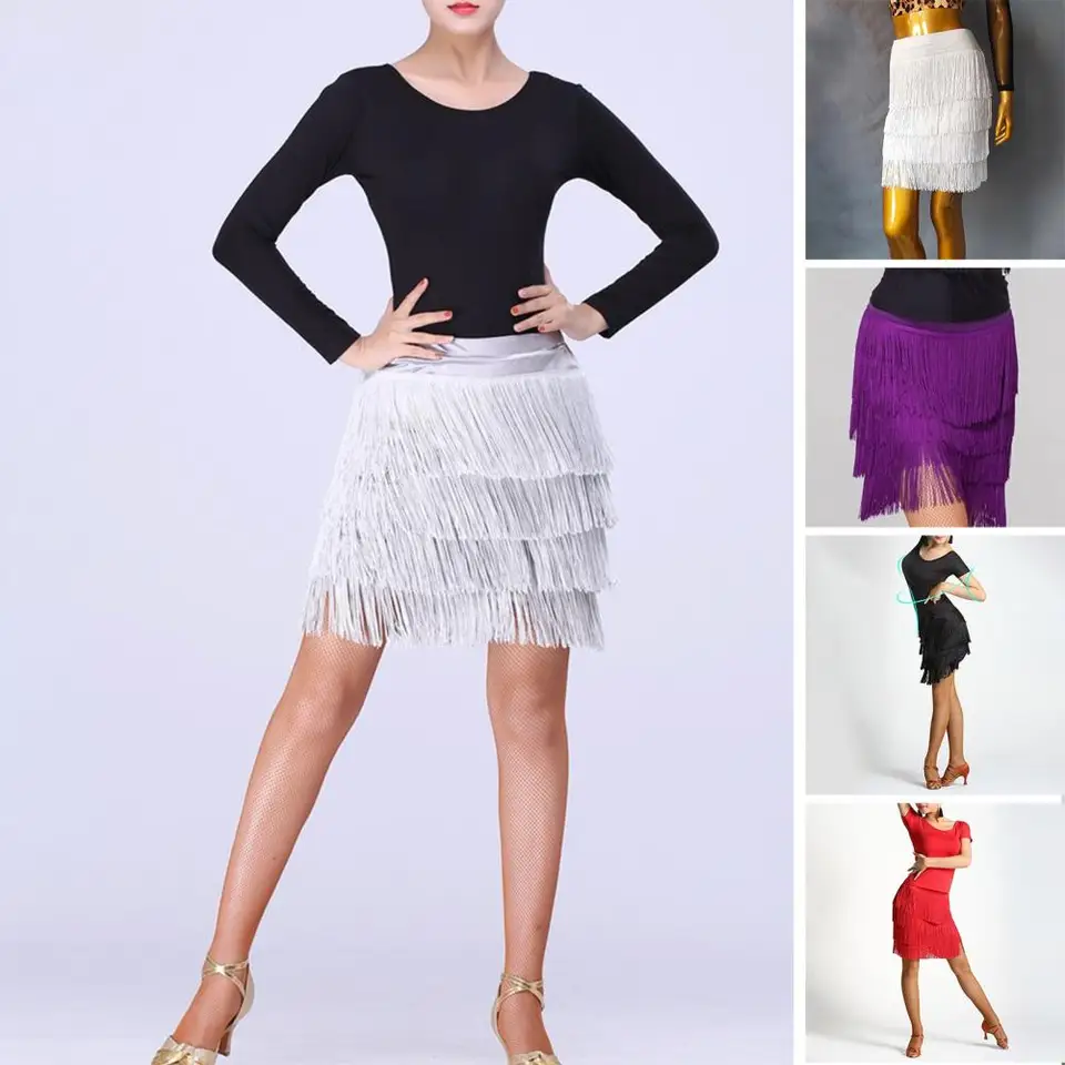 Elastická pásová sukňa Ženy sukňa Elegantné latinské tanečné mini sukňa so štvorvrstvovým dizajnom Tassel High pás Pohodlné na tanec