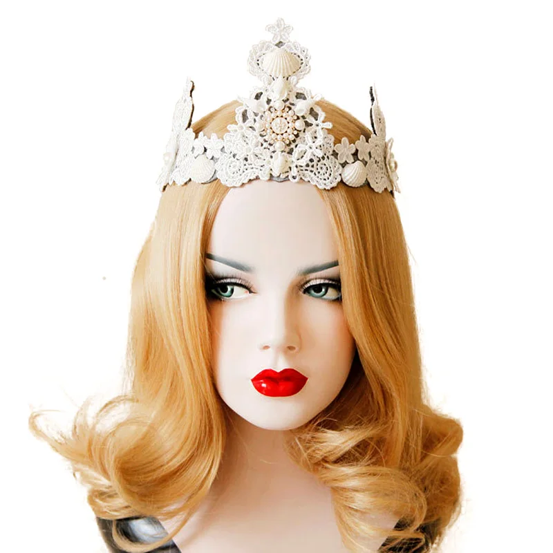 Elastická čelenka Ženy Barokové biele kvetinové škrupiny Kuchoná Perla čipka Koruna Tiara Hairband Svadobné svadobné vlasové doplnky