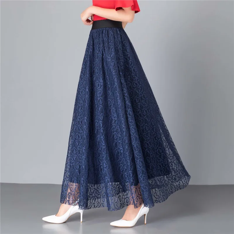 Elastické sukne s vysokým pásom čipky Ženy jarné letné sukne Kórejské elegantné príležitostné A-line čierna modrá červená červená dlhá maxi sukne W2362