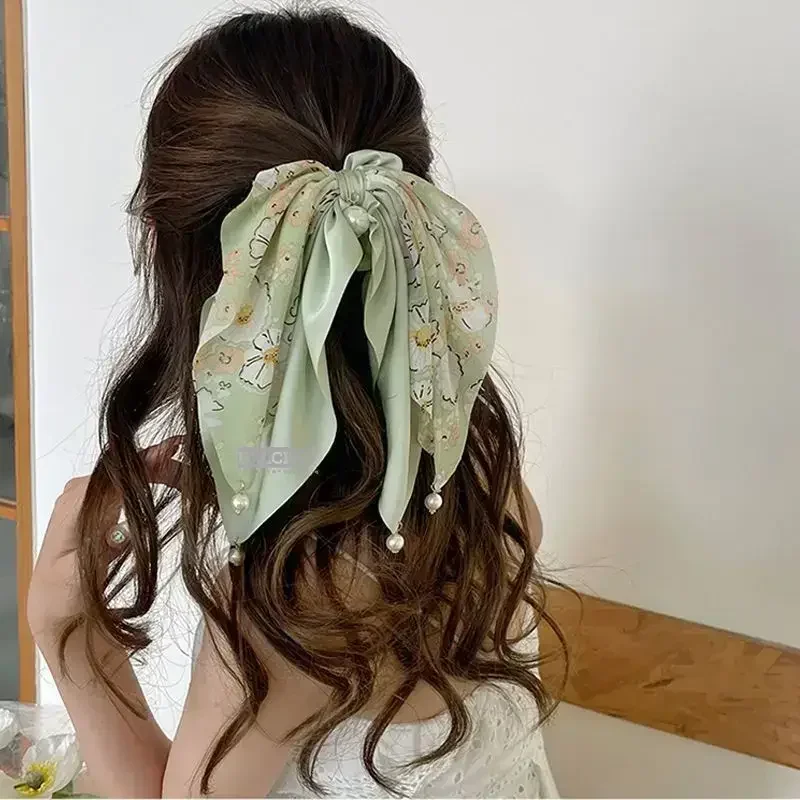 Elegancia Tlač dlhých pásov s vlasovými vlasmi pre ženy pre ženy elastické saténové cytail šatky dievčatky s vlasovými pásy s perlom boho kravata