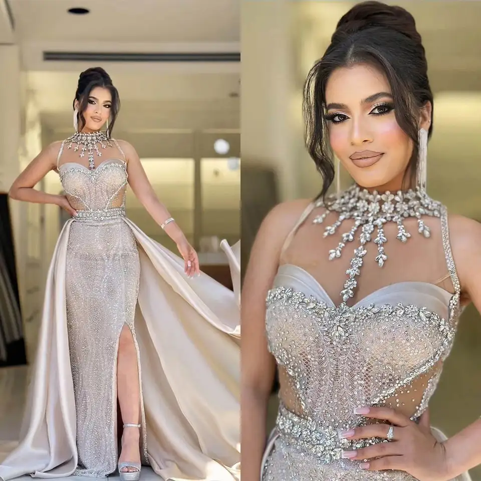 Elegantná arabská aso ebi červená morská panna iskrivý ples šaty Crystal číry krk Formálny večierok Druhé recepcie Narodeniny