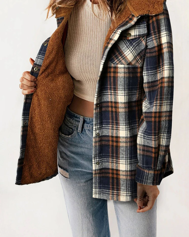 Elegantná dámska bunda 2024 Jeseň Winter Fashion Plus Plud Plaid Patch Fleece Lined Coat Button Bunda s kapucňou