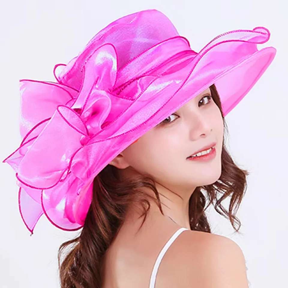 Elegantná luk Lady Hat Summer Organza Wide Brim Sun Suncreen Kentucky Derby Hats for Women Church Svadobná pláž Sun Cap Sloadable 2023