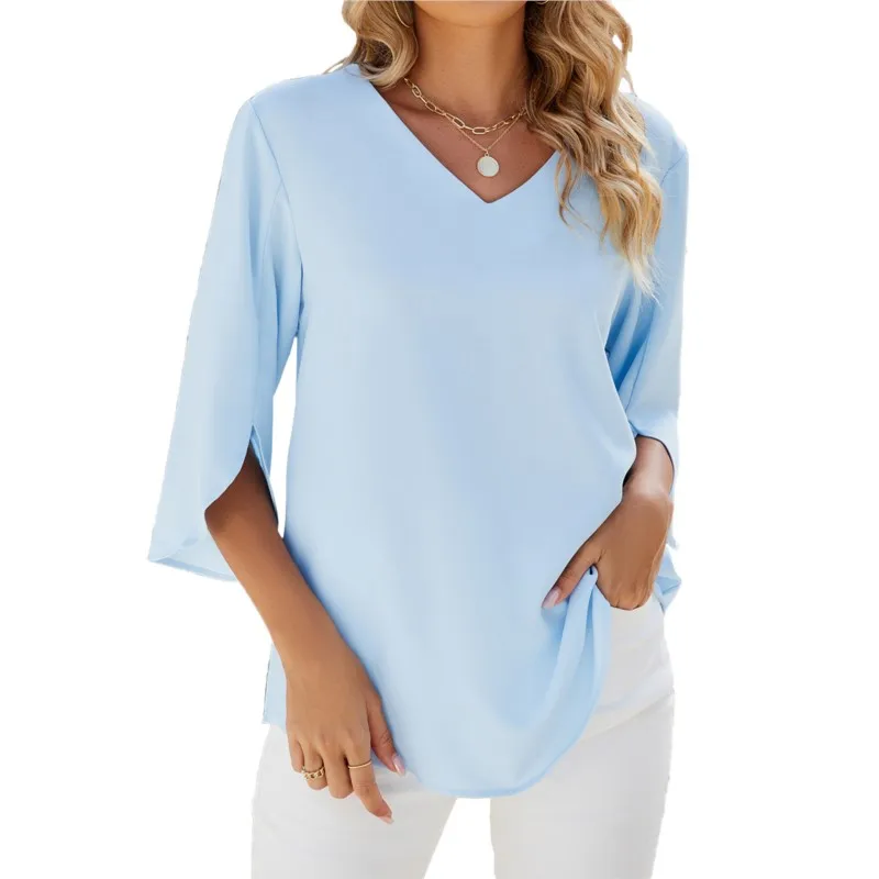 Elegantná pevná farba Dámska šifónová blúzka Spring Nový produkt V-Neck Pullover 3/4 Rukávy Loose 2025 všestranná košeľa Top dámy