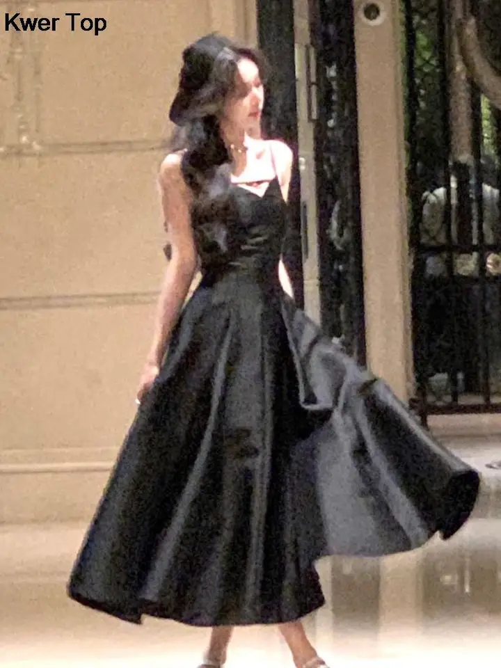 Elegantná pevná princezná večerná párty šaty francúzske romantické čierne čierne lem maturitné šaty Kórejské letné remienok Svadobné vesty Vestidos