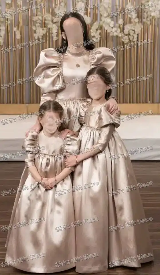 Elegantná saténová veľkolepá sestra nevesty pre špeciálnu príležitosť nafúknutá 3/4 balón rukáv O-Neck Crocness Birthday Gowns