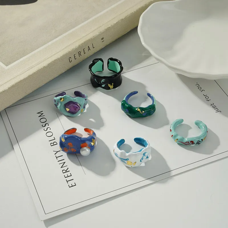 Elegantná smaltovaná glazúrka prsteň pre ženy perlová zlatá fólia Open Ring Fashion Design Drops Oil High Grade Index Finger šperky