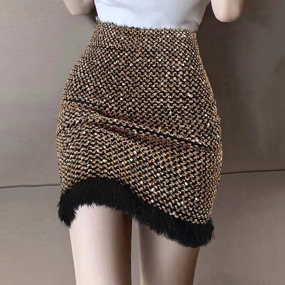 Elegantná sukňa pre dámske dámske flitrové trblietky s trblietkami vo vysokom páse Slim Fit Hair Fringe Fringe Cocktail Party pre dámy