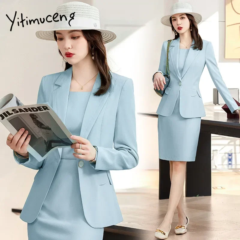 Elegantná temperament s dlhým rukávom profesionálne obleky šaty dvojdielne sada Slid Color Slim Fit Business Obchodná formálna sada