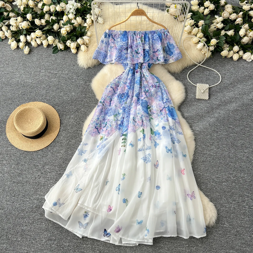 Elegantná tlač vintage sexy elastický lomícke krk Rufle Chic Chiffon Slim Long Dresses Fashion Beach Dovolenka High Street Oblečenie