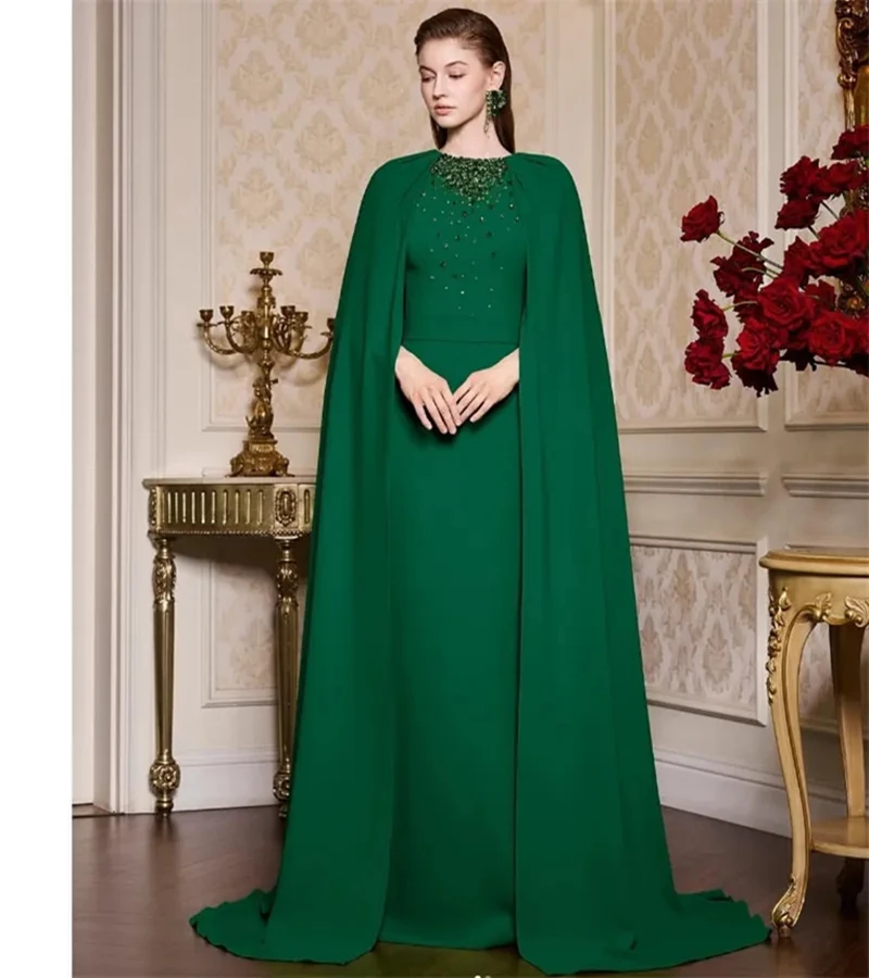 Elegantná zelená matka nevesty šaty korálkové rukávy Cape Cape arabské formálne večierky Svadobné hosťujúce šaty prispôsobené