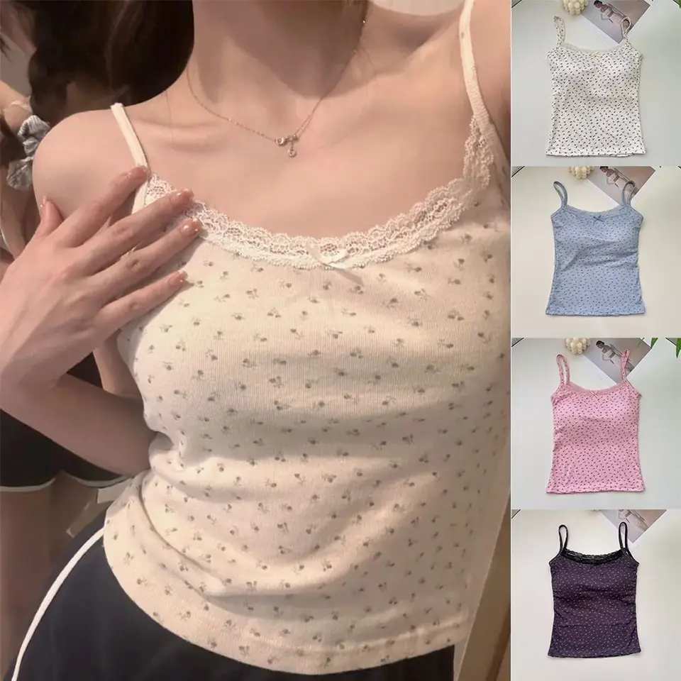 Elegantná čipka kvetinová tlač Camis 2024 Y2K Slim Sexy Sexy kvetinové vrcholy jednej veľkosti kvetinové vrcholy jar