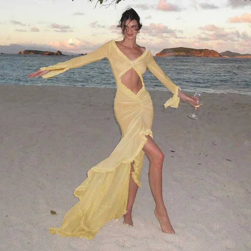 Elegantná žltá pozri maxi šaty pre ženy sexy dutiny out Slimed Leto Dress 2024 letné šaty s dlhým rukávom