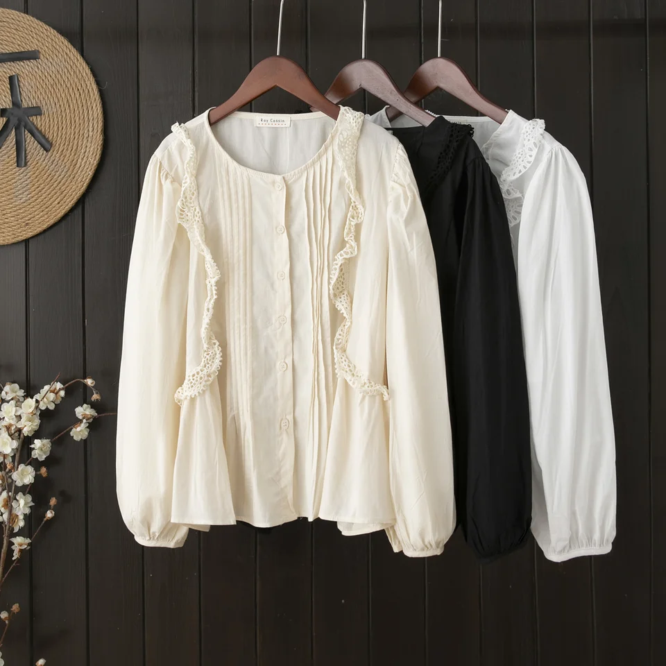 Elegantné a mládežnícke ženy blúzky Žena Jeseň Spring Japan v štýle dlhého rukávu béžová čierna biela vyšívacia čipka duté košele