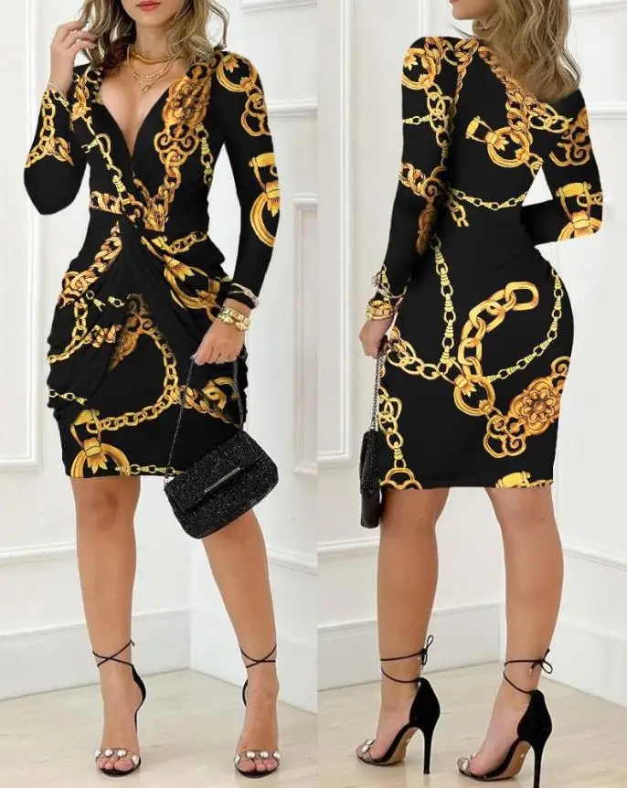 Elegantné a pekné dámske šaty 2023 módne sexy hlboké panely Varoka Barokový reťazec Twist Twist Detail Dress Dress Female Clothing
