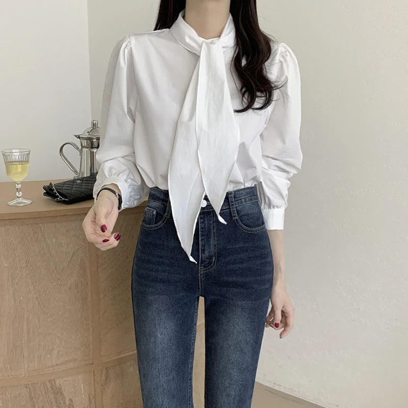 Elegantné biele košele Ženy Kórejské kravaty čierne čierne rukávy Blouses Blouses Office Dámy móda single single všetky zápasy elegantné topy nové nové