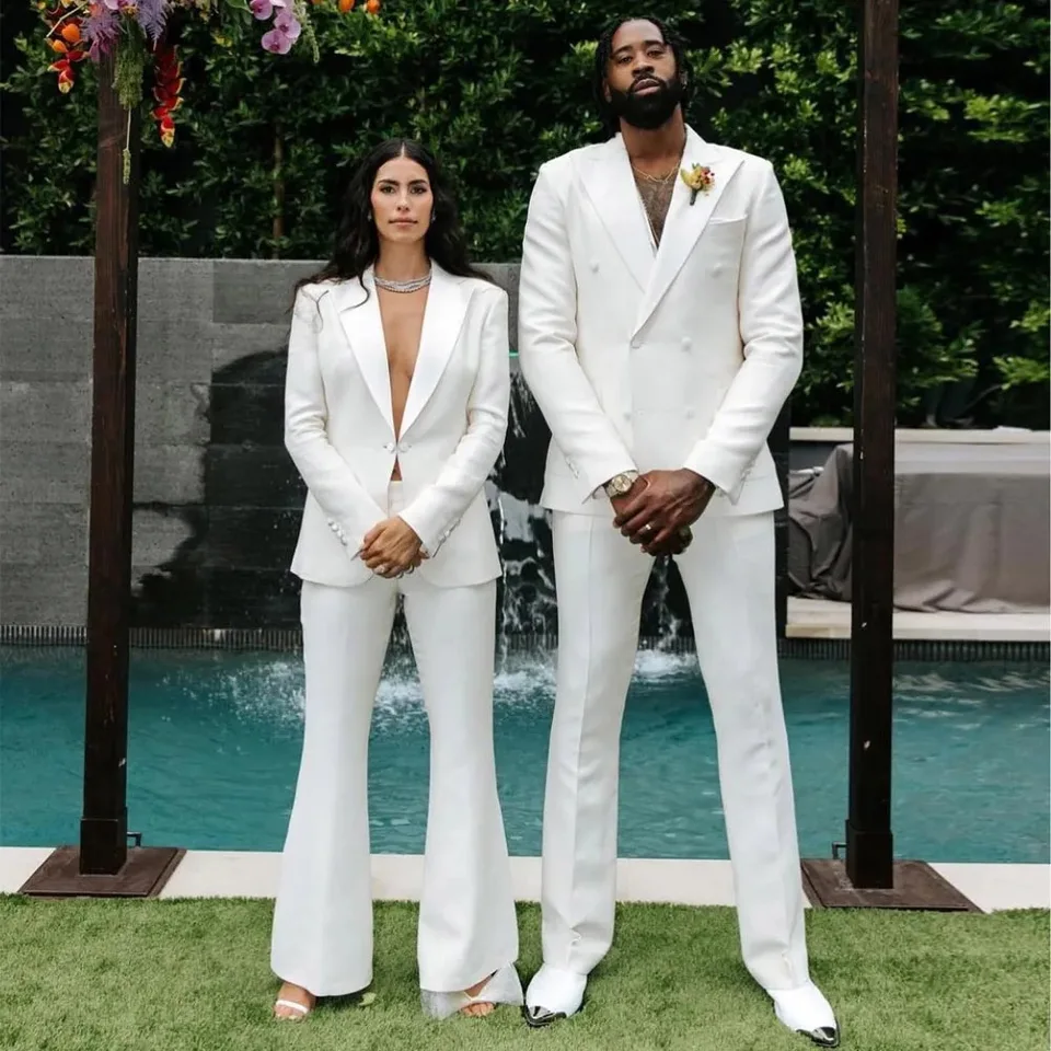 Elegantné biele obleky pre pár s dvojitým dojčeným vrcholom klopa späť na mieru vyrobené 2 -kusové bunda Pants Prom Party Outfits Set