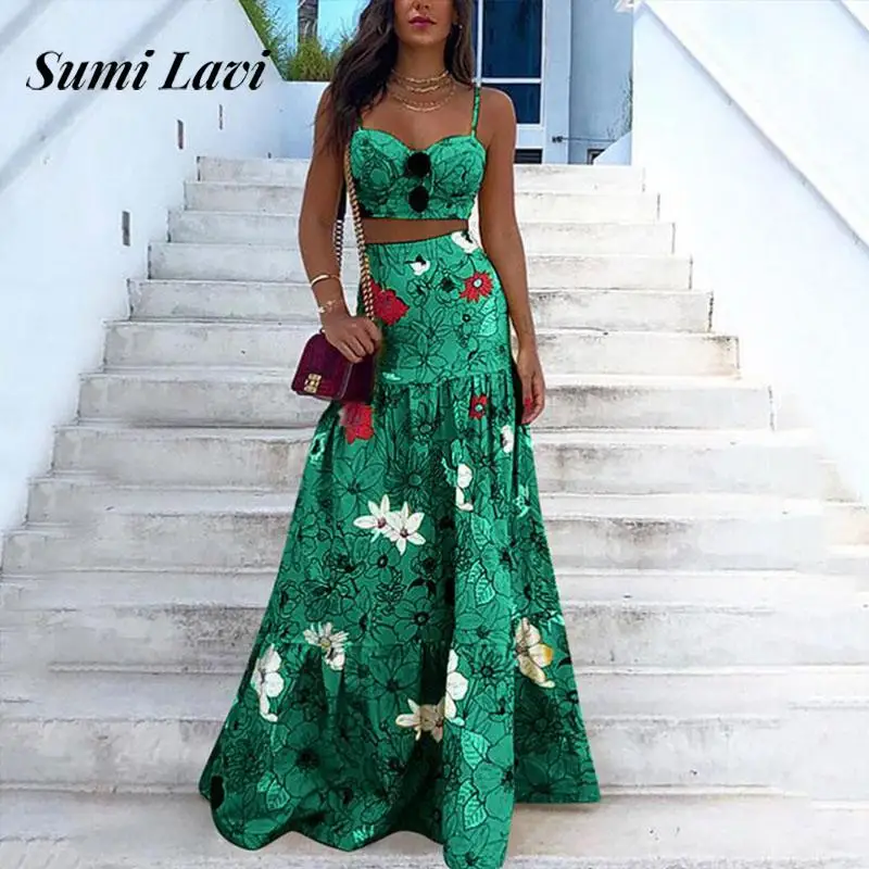 Elegantné bustier Sling Top & dlhá sukňa outfit Women Casual Ruaveless Party Suit Pattle Pattert Tlač Hight Waist Beach 2pc Set