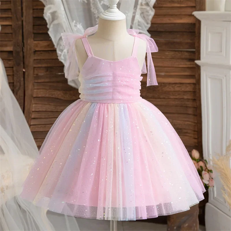 Elegantné dievča dúhové sieťové šaty flicin girl narodeninové oslavy princezné šaty dievčatko dievčatko praskne bez rukávov Bowknot tutu šaty