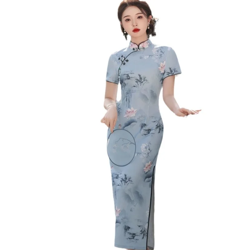 Elegantné dlhé odevy z čínskeho štýlu Cheongsam Blue potlačte qipao stojan golier s krátkym rukávom Slit Slim Slim Dress pre ženy