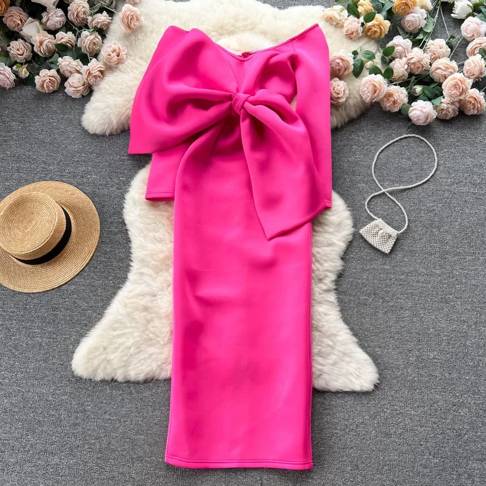 Elegantné dlhé rukávy vintage hlboký krk do výskumu z ramena Chic Butterfly Bow Slim Satin Evening High Street Jeseň plus šaty