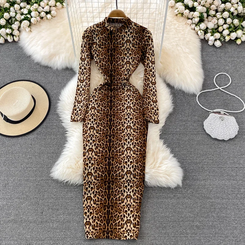 Elegantné dlhé rukávy vintage stojan golier Chic Leopard Tlač štíhle dlhé šaty módne večer High Street Jeseň zimné oblečenie