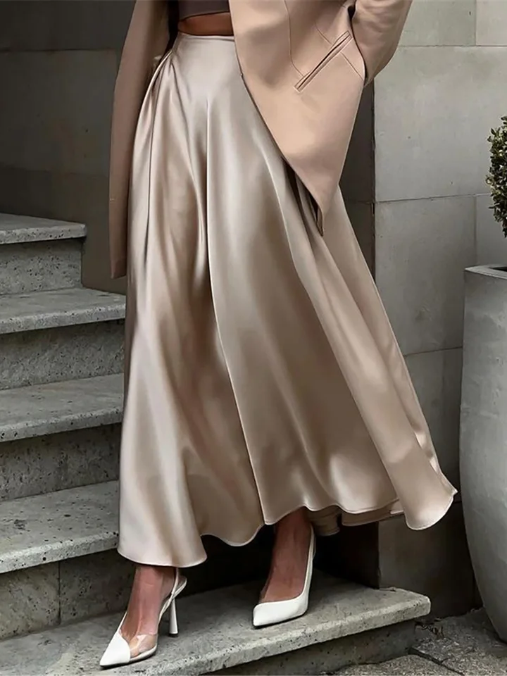 Elegantné dlhé saténové sukne pre ženy vysoký pás A-line masívne sukne Žena Khaki módne ženy maxi biele hodvábne sukne D413