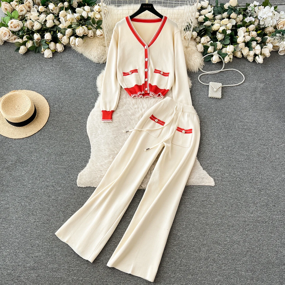 Elegantné dvojdielne súpravy pletené patchwork single Breasted Slim Top a Elastic Pase Wide Nohavky Dámske kancelária Office Lady Príležitostné oblečenie