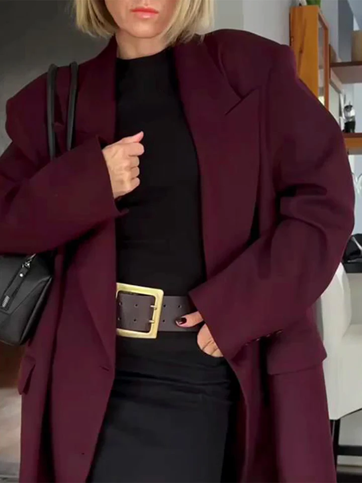 Elegantné dámske burgundské vlnené kabáty módne klopne obojok dvojradové vrecká sami dám