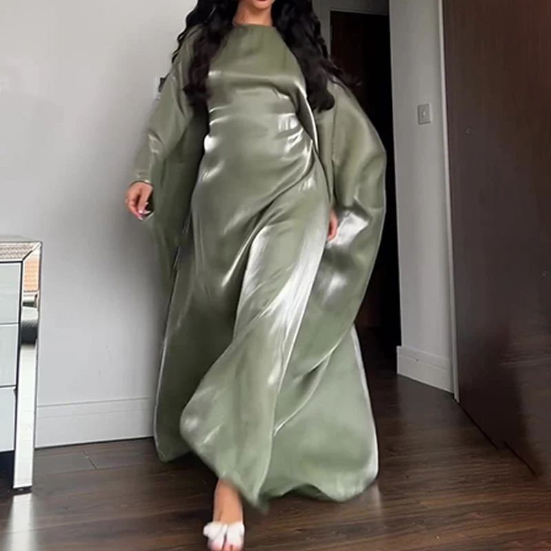 Elegantné dámske O-krk Batwing Party Party Dress Spring Jeseň masívne farby voľné dlhé šaty 2025 Nové neformálne dochádzkové šaty