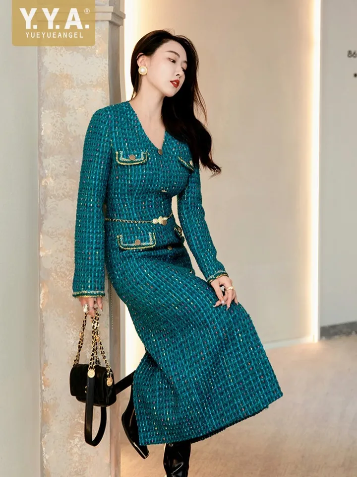 Elegantné dámske značky dizajnér Slim Fit pás stredné teľa Long Tweed Dress Ženy Vysoko kvalitné dlhé rukávy V krk na párty šaty