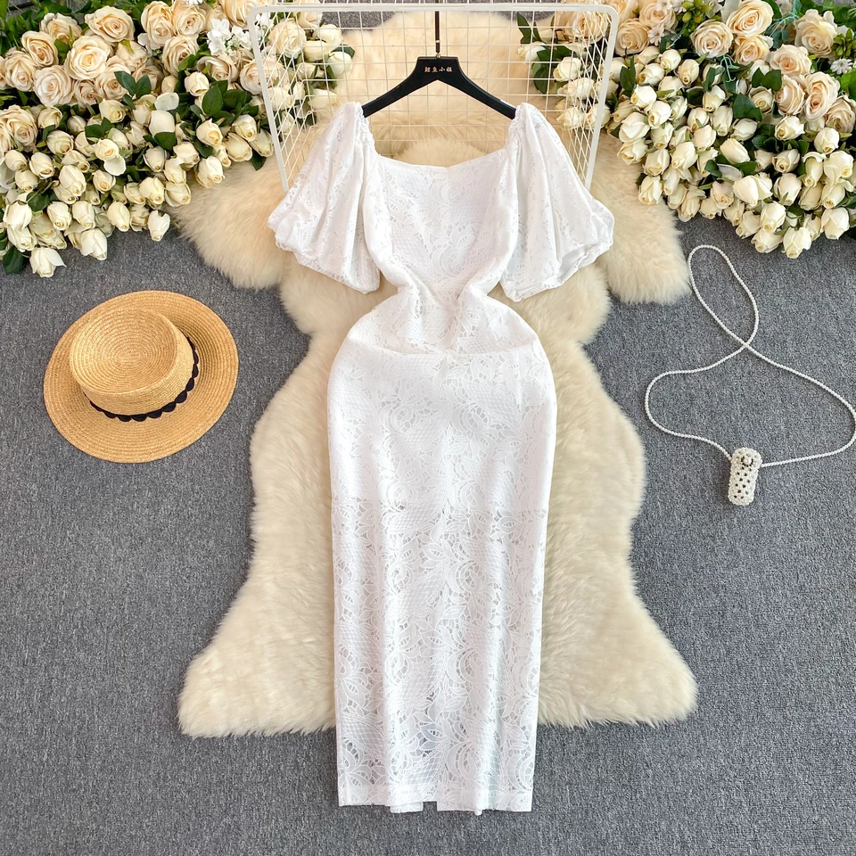 Elegantné elegantné čipky obrúsky rukávy Bodycon šaty módne vestido štíhle letné šaty štvorcových krku