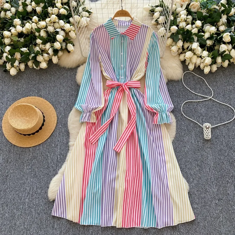 Elegantné farebné pruhy pólového krku Vintage s dlhými rukávmi Chic Lace-Up Slim Blúzke šaty kórejské módne ženy High Street Oblečenie