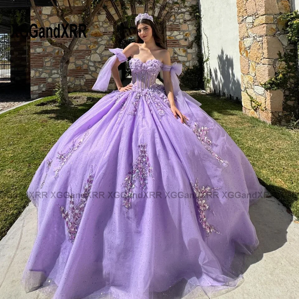 Elegantné fialové šaty princeznej lopty quinceanera šaty 2024 korálky 3d kvetinové fialové sladké 16 šaty xv Vestido de 15 quinceañeras