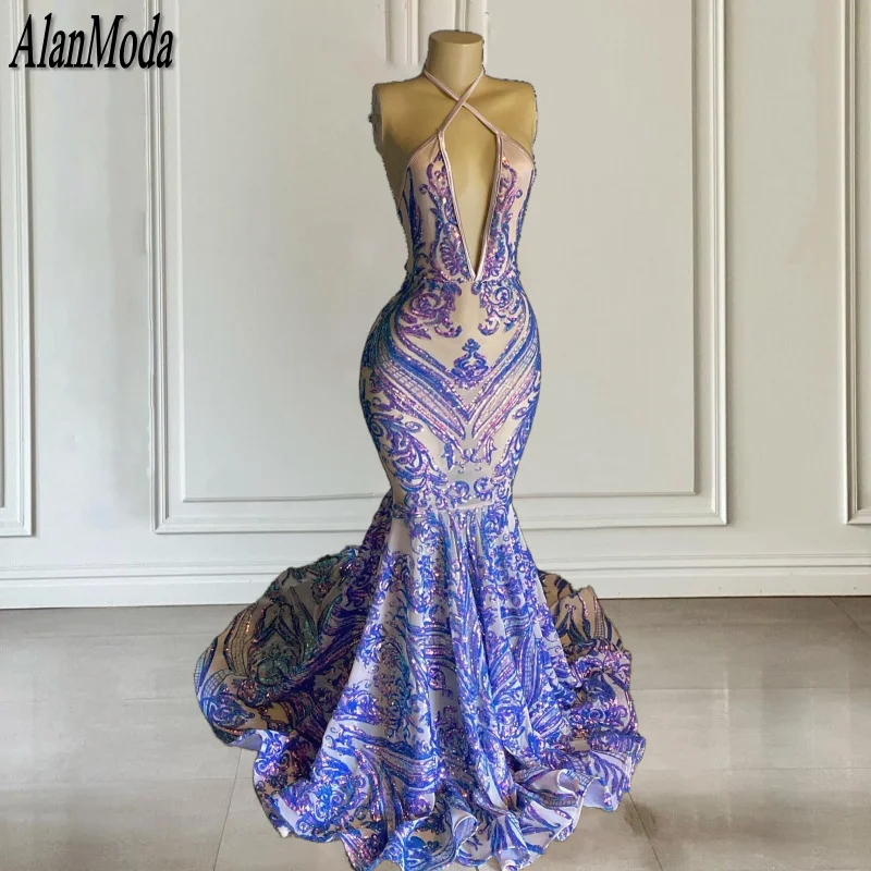 Elegantné flitrové plesové šaty 2025 čierne dievčatá flotpin aplique morské panny večerné šaty Lilac Party Dress Rues de Soirée Prispôsobené