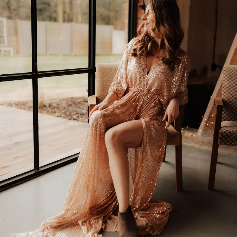 Elegantné flocinové materské fotografie rekvizity šaty boho v krku materská fotografia šaty šaty Tehotné ženy oblečenie na fotografiu