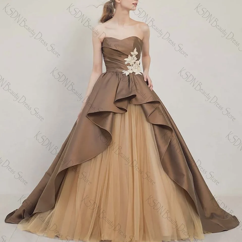 Elegantné hnedé remienky bez rukávov bez rukávov A-line Tulle Ball Evening Dress Formálne večierky Prom šaty Vestidos de Fiesta