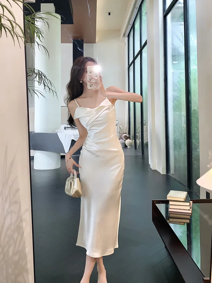 Elegantné hodvábne saténové špagety špagety Slit Slit Šaty štíhle dlhé šaty party klub narodeninová svadba