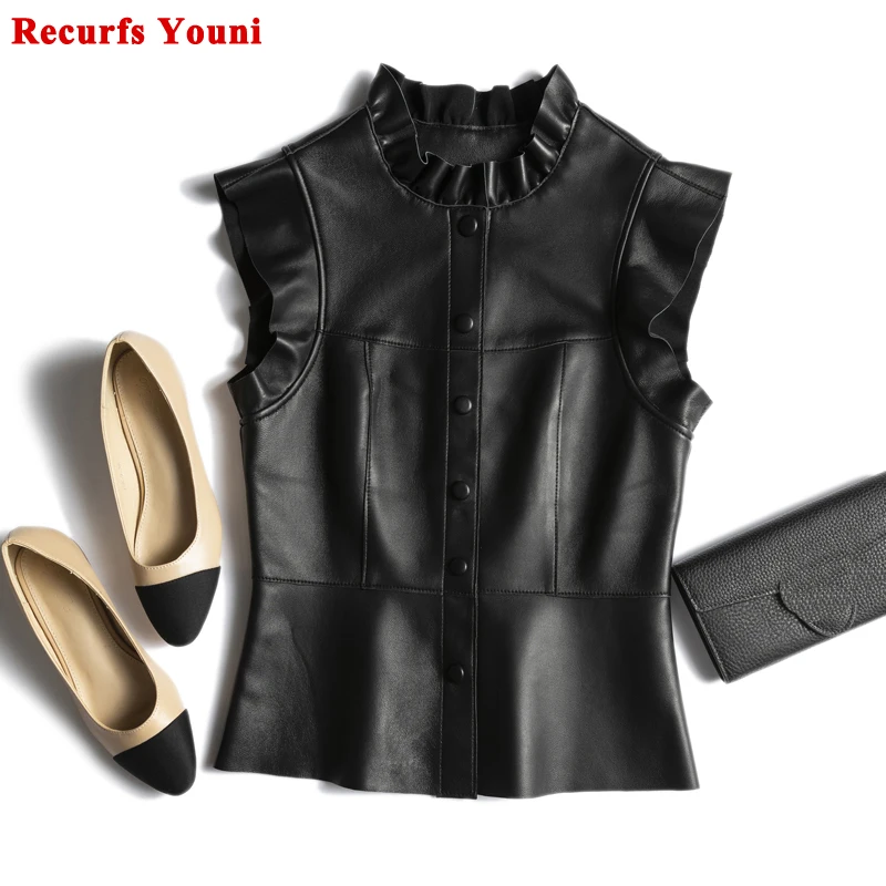 Elegantné intelektuálne rufované vesty Ženy femme 100% kožené čierne béžové štíhle vesty Mujer Sweater Manteau Bez rukávov bez rukávov