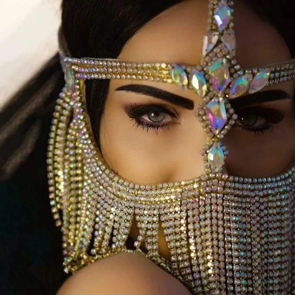 Elegantné kamienky Dutiny Tassel Masks Závoj pre ženy Indické šperky Luxusné geometrické maškaráda Maškaráda pokrývok pokrývok čele