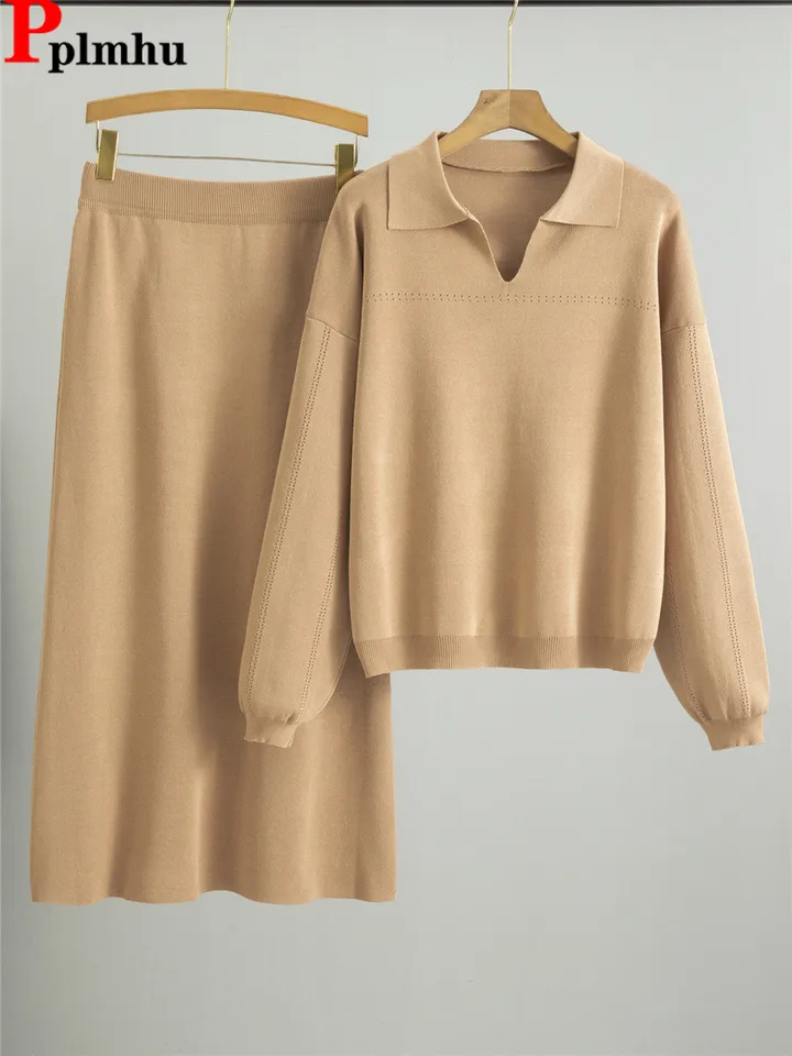 Elegantné khaki pletené 2 -kusové súpravy Ženy pólové krk pletene sveter pullover topy conjuntos pevné voľné dlhé sukne oblečenie nové