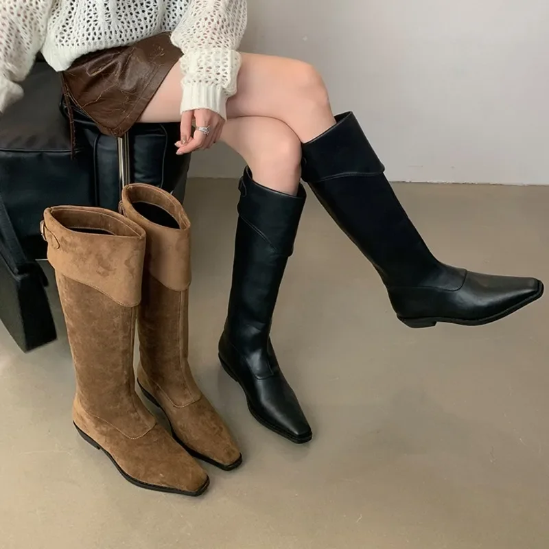 Elegantné koleno vysoké západné kovbojské topánky pre ženy s nízkym pätom topánky malá štvorcová špička koža/semišový spona slouh